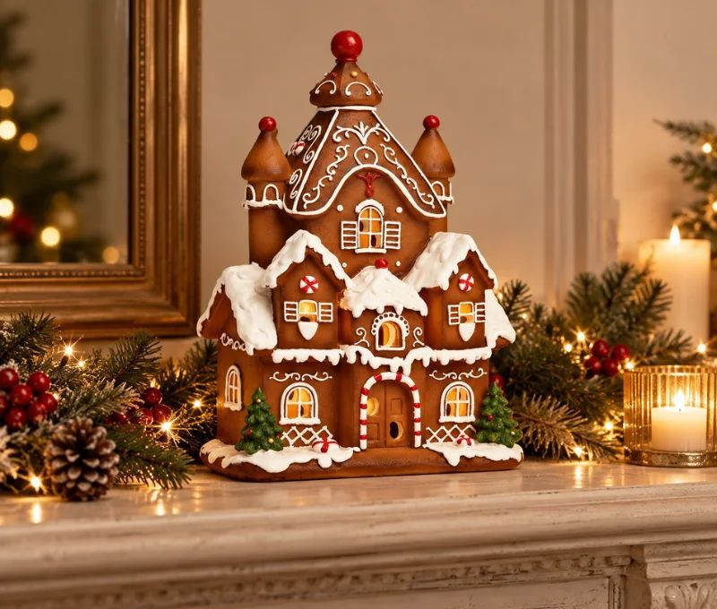 Décoration Noël château pain d'épices marron blanc LED sapins L13 x P9 x H20cm