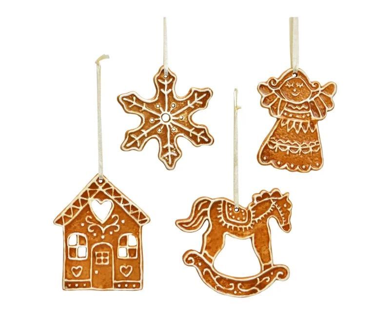 Décoration Noël set 4 suspensions porcelaine pain d'épices marron beige flocon ange maison cheval L9 x H10cm