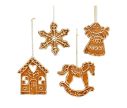 See slide Christmas decoration set of 4 porcelain gingerbread ornaments brown beige snowflake angel house horse L9 x H10cm