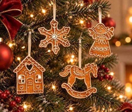 Christmas decoration set of 4 porcelain gingerbread ornaments brown beige snowflake angel house horse L9 x H10cm