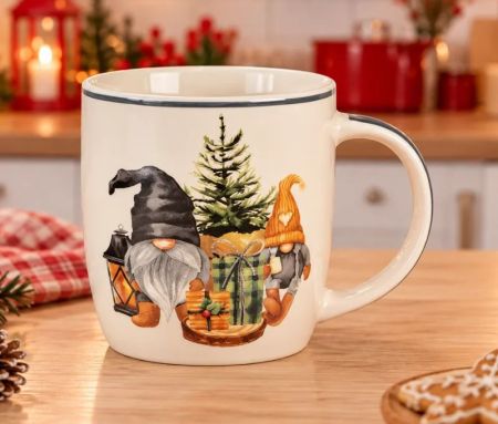 White porcelain mug Christmas gnome lantern tree gift 400ml