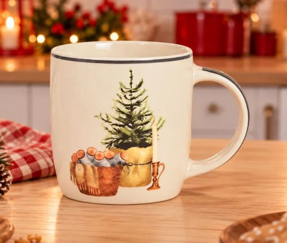 Mug porcelaine blanc panier de Noël sapin bougie bois 400ml
