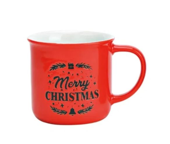 Mug faïence rouge Merry Christmas sapin cadeau cloche 330ml
