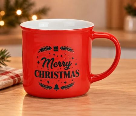 Mug faïence rouge Merry Christmas sapin cadeau cloche 330ml