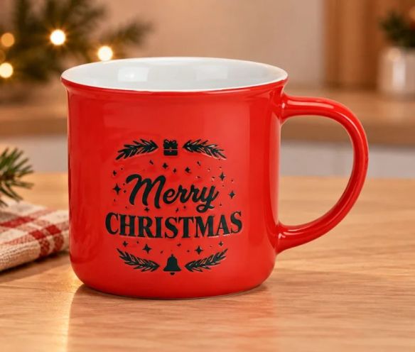 Red stoneware mug Merry Christmas wreath gift bell 330ml