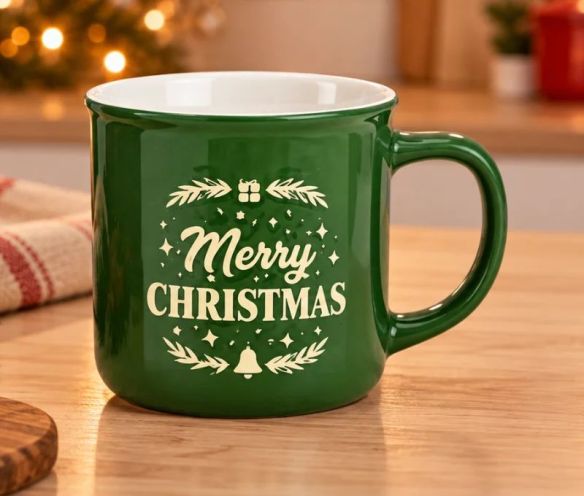 Mug faïence vert Merry Christmas sapin cadeau cloche 330ml