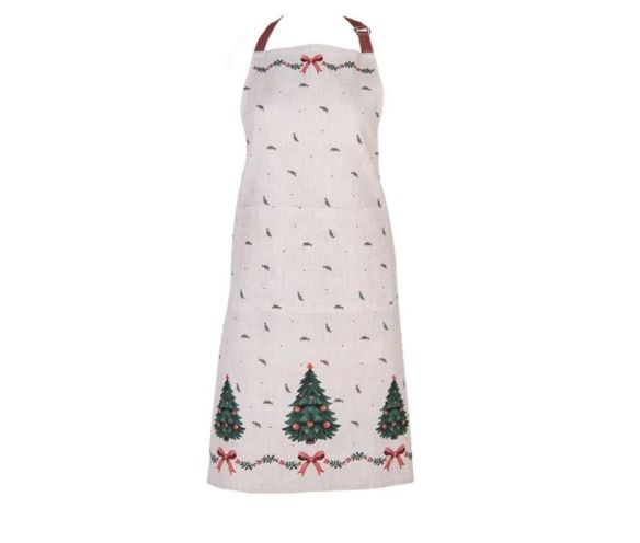 Christmas kitchen apron beige trees red bows holly 70x85cm