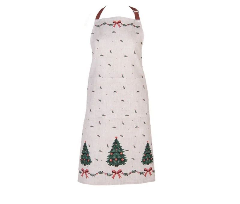 Tablier cuisine Noël beige sapins nœuds rouges houx 70x85cm