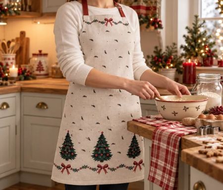 Tablier cuisine Noël beige sapins nœuds rouges houx 70x85cm