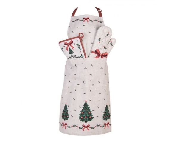 Tablier cuisine Noël beige sapins nœuds rouges houx 70x85cm