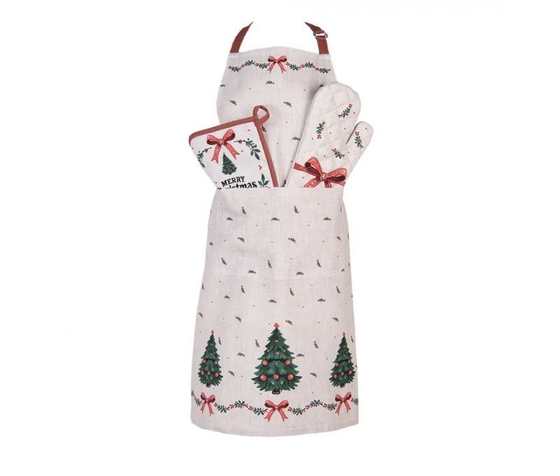 Tablier cuisine Noël beige sapins nœuds rouges houx 70x85cm