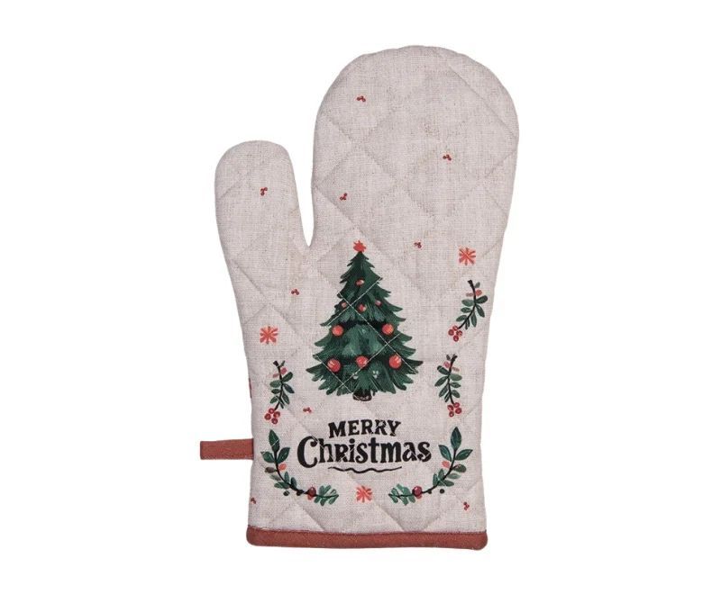 Gant de cuisine Noël beige sapin Merry Christmas houx 18x30cm