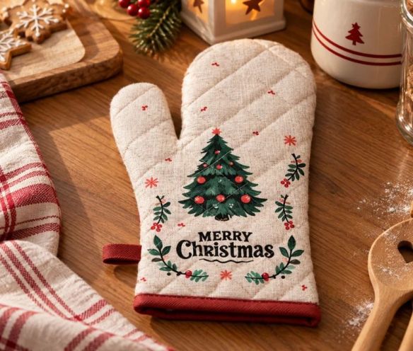 Christmas oven mitt beige tree Merry Christmas holly 18x30cm