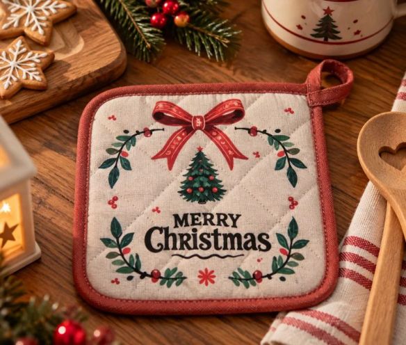 Manique cuisine Noël beige sapin nœud rouge houx 20x20cm