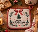 Voir la slide Manique cuisine Noël beige sapin nœud rouge houx 20x20cm