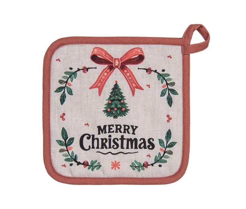 Manique cuisine Noël beige sapin nœud rouge houx 20x20cm