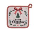 See slide Christmas pot holder beige tree red bow holly 20x20cm