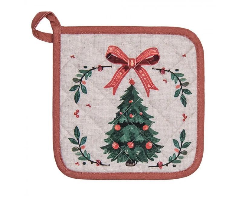 Manique cuisine Noël beige sapin nœud rouge houx 20x20cm