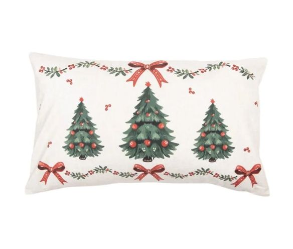 Coussin déco Noël sapins verts nœuds rouges houx beige 30x50cm