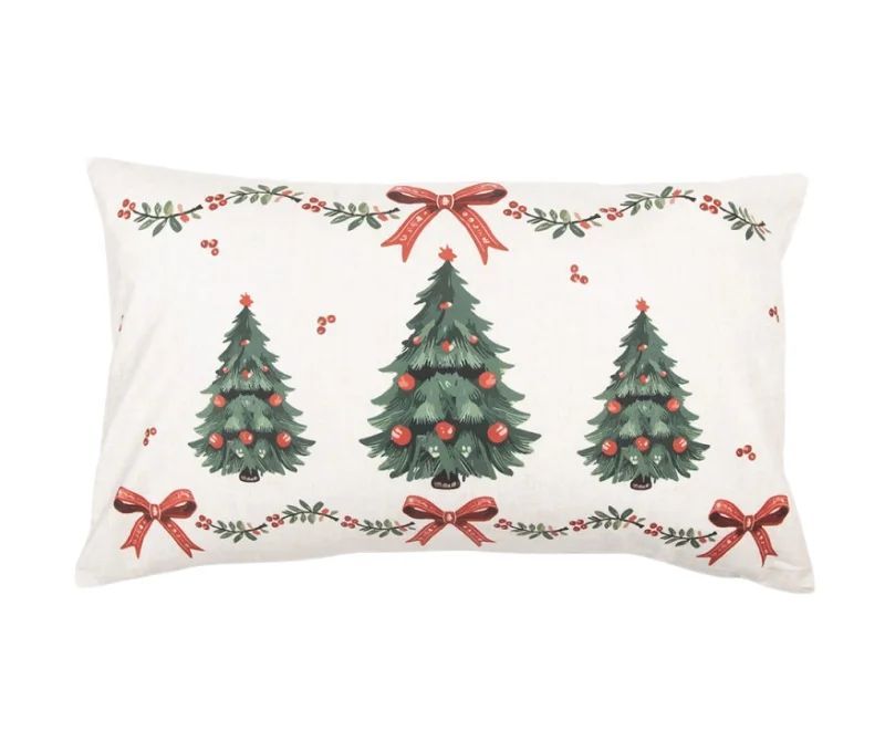 Coussin déco Noël sapins verts nœuds rouges houx beige 30x50cm