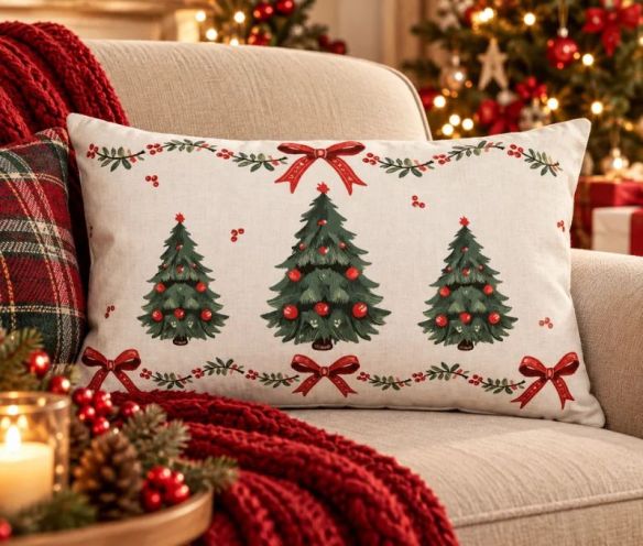 Coussin déco Noël sapins verts nœuds rouges houx beige 30x50cm