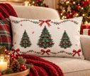 Voir la slide Coussin déco Noël sapins verts nœuds rouges houx beige 30x50cm