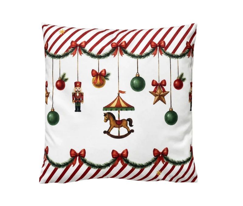 Coussin déco Noël cheval à bascule casse-noisette boules guirlande 45x45cm