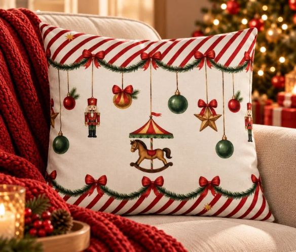 Coussin déco Noël cheval à bascule casse-noisette boules guirlande 45x45cm