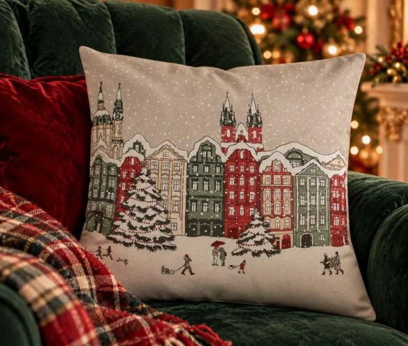 Coussin déco Noël ville enneigée maisons colorées sapins 45x45cm