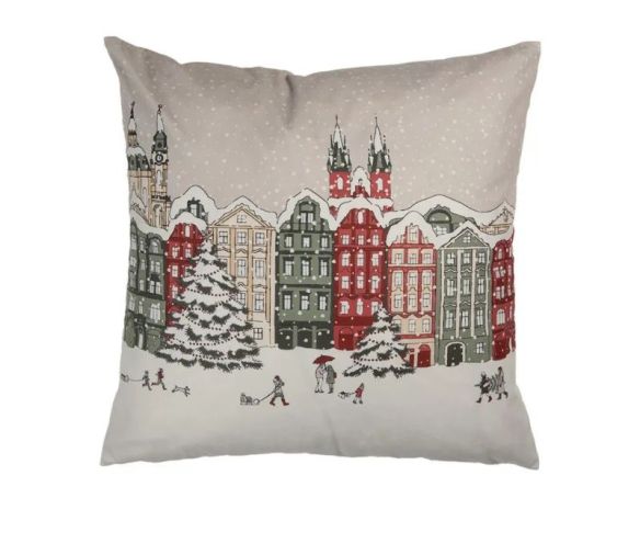 Coussin déco Noël ville enneigée maisons colorées sapins 45x45cm