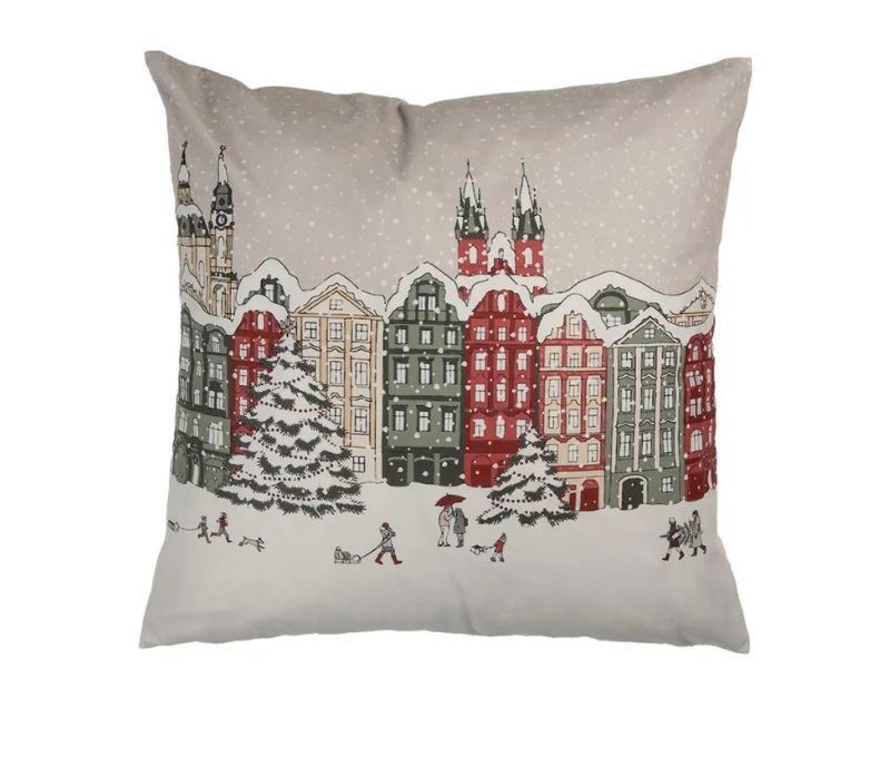 Christmas decorative cushion snowy village colourful houses trees 45x45cm