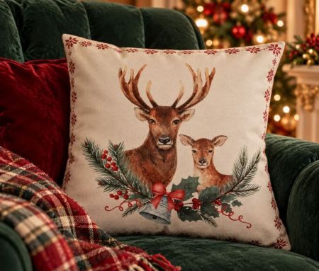 Coussin déco Noël cerfs beige rouge sapin houx clochette 45x45cm