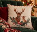 Voir la slide Coussin déco Noël cerfs beige rouge sapin houx clochette 45x45cm