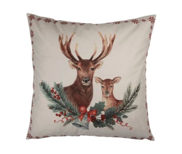 Christmas decorative cushion stags beige red pine holly bell 45x45cm