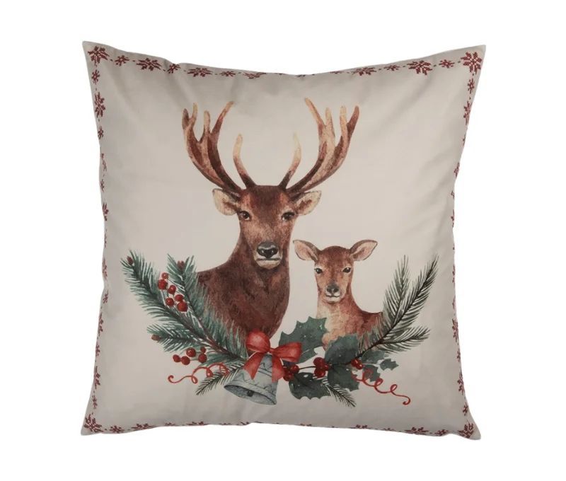 Coussin déco Noël cerfs beige rouge sapin houx clochette 45x45cm