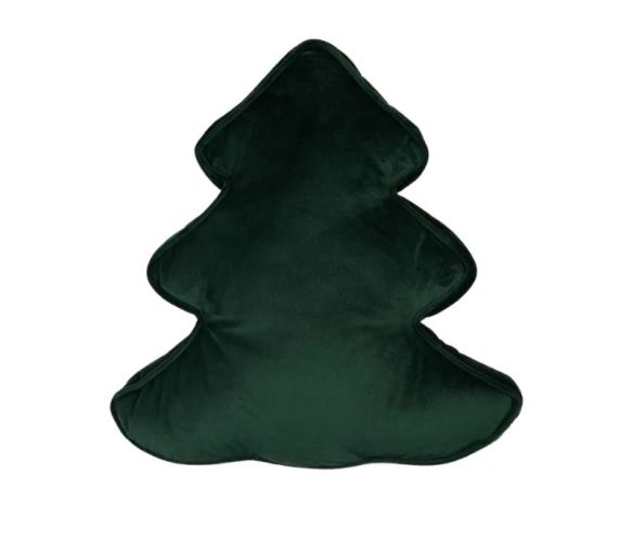 Coussin déco Noël forme sapin vert velours baies rouges H40cm
