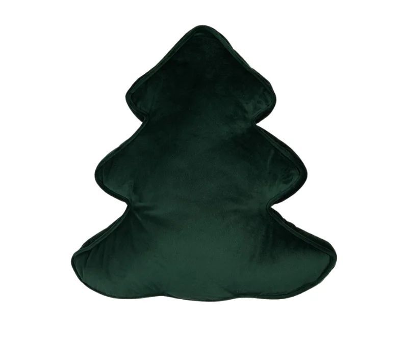 Coussin déco Noël forme sapin vert velours baies rouges H40cm