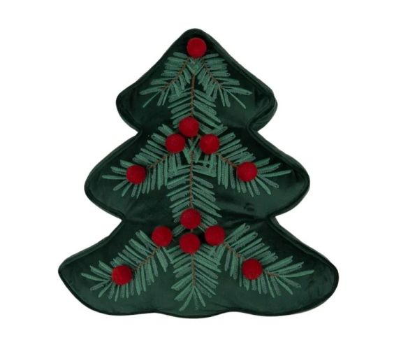 Coussin déco Noël forme sapin vert velours baies rouges H40cm