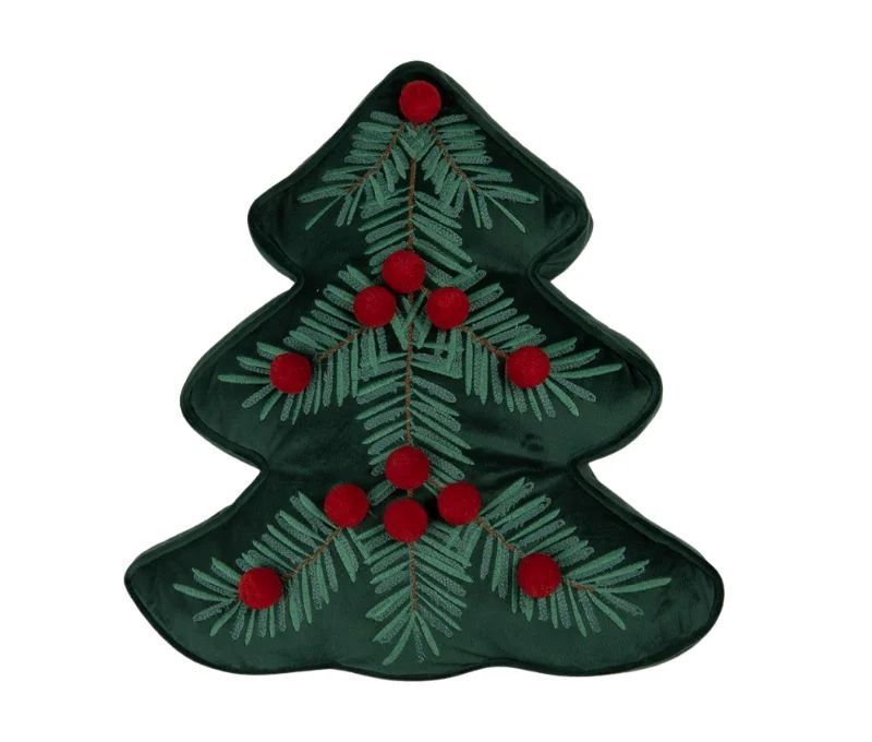 Christmas decorative cushion tree shape green velvet red berries H40cm