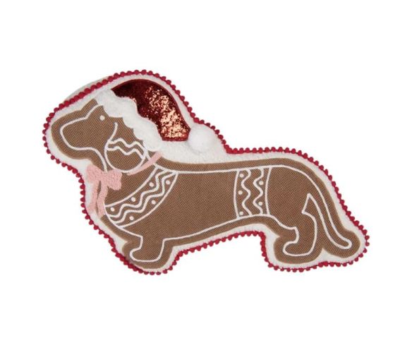Coussin déco Noël teckel pain d'épices bonnet rouge pompons L45cm