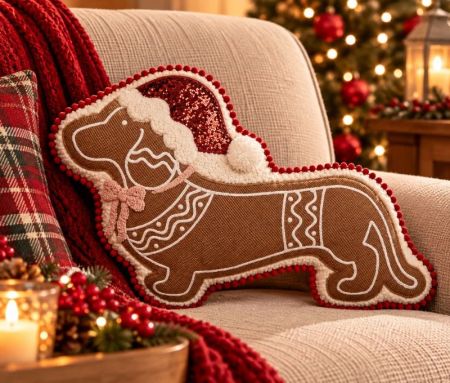 Coussin déco Noël teckel pain d'épices bonnet rouge pompons L45cm