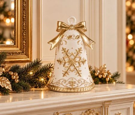 Christmas decoration white gold bell snowflake bow Ø18 x H26cm