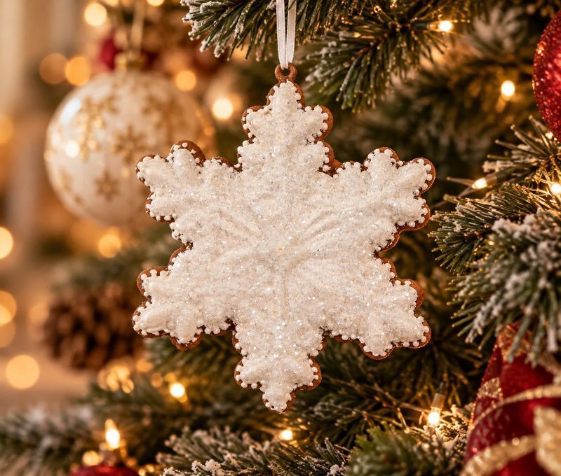 Suspension Noël flocon de neige blanc pailleté pain d'épices H10cm