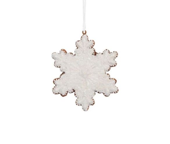 Suspension Noël flocon de neige blanc pailleté pain d'épices H10cm