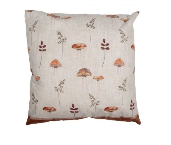 Coussin déco beige champignons feuilles automne 45x45cm