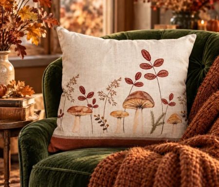 Coussin déco beige champignons feuilles automne 45x45cm