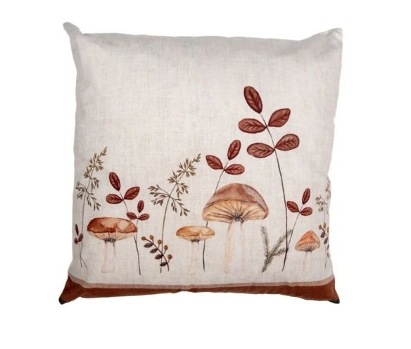 Coussin déco beige champignons feuilles automne 45x45cm