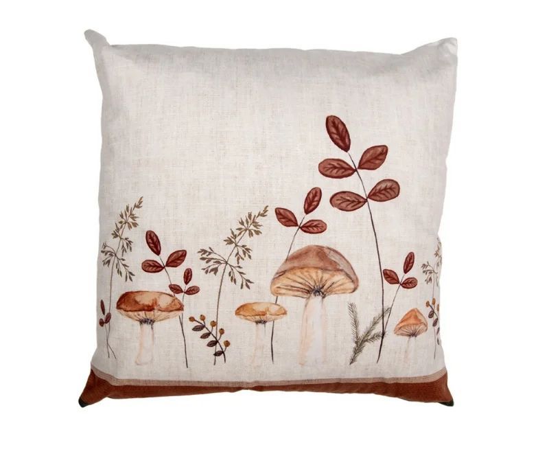 Coussin déco beige champignons feuilles automne 45x45cm
