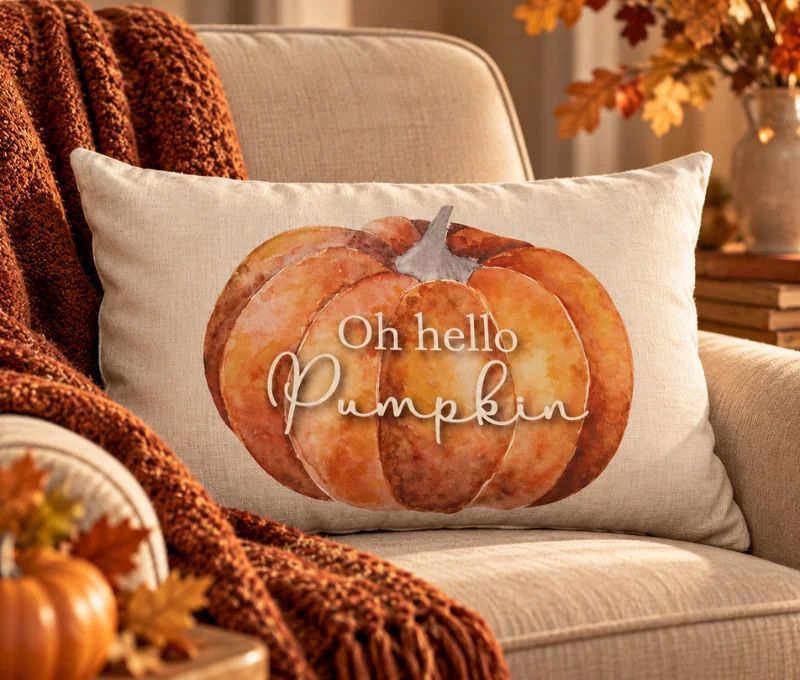 Coussin déco automne citrouille Hello Pumpkin tartan brun réversible 30x50cm