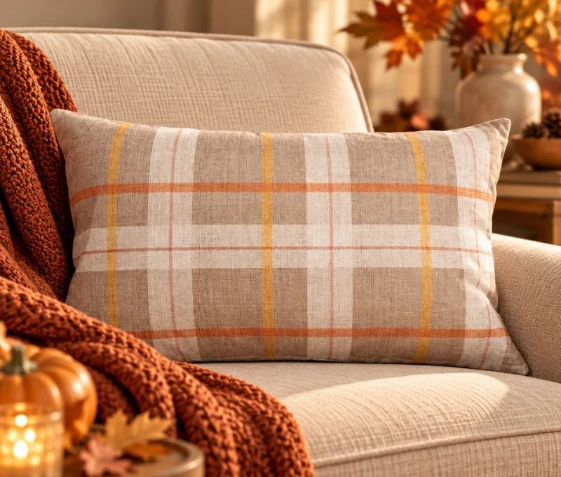 Autumn decorative cushion Hello Pumpkin pumpkin brown plaid reversible 30x50cm